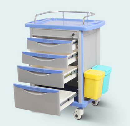 High quality multifunctiondouble side medicine trolley with drawers,boxes,garbage bin